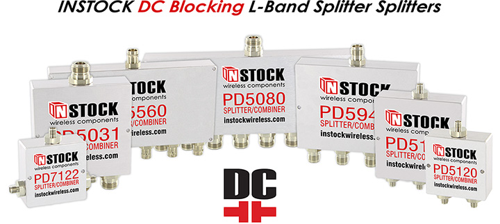 A collage of INSTOCK Wireless DC blocking L-band splitters