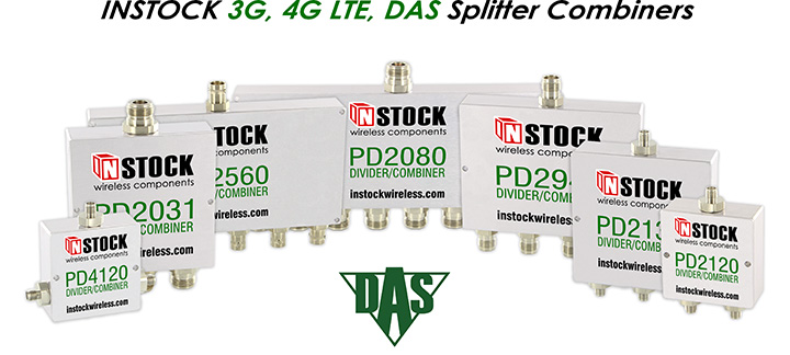 A collage of INSTOCK Wireless 4G LTE and DAS power dividers