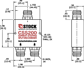 Current steering, DC redundant, fail-safe L-Band & GPS splitter Outline Drawing