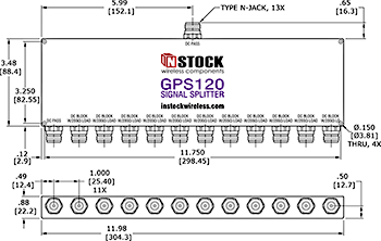 GPS Antenna Signal Splitter, 12 Way, Type N Outline Drawing