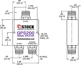 GPS Antenna Signal Splitter, 2 Way, N Type Outline Drawing