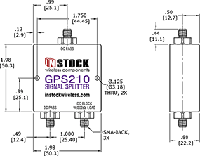 GPS Antenna Signal Splitter, 2 Way, SMA - Outline Drawing