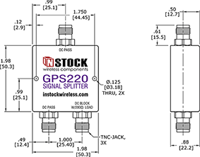 GPS Antenna Signal Splitter, 2 Way, TNC - Outline Drawing