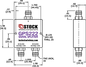 GPS Antenna Signal Splitter, 2 Way, TNC - Outline Drawing