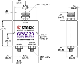 2-way GPS Antenna Signal Splitter, SMA Female with Type N Input - Outline Drawing