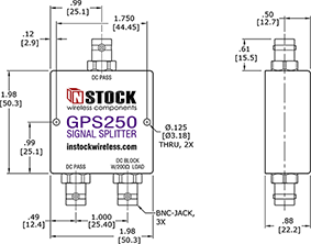 GPS Antenna Signal Splitter, 2 Way, BNC - Outline Drawing