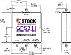 Weatherproof GPS Antenna Signal Splitter, 3 Way, SMA - Outline Drawing