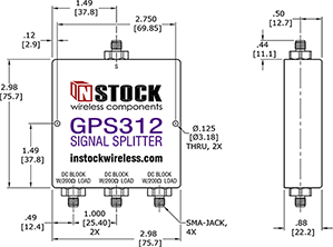 GPS Antenna Signal Splitter, 3 Way, SMA Outline Drawing