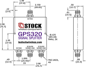 GPS Antenna Signal Splitter, 3 Way, TNC - Outline Drawing