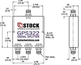 GPS Antenna Signal Splitter, 3 Way, TNC - Outline Drawing