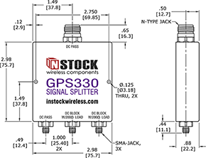 3-way GPS Antenna Signal Splitter, SMA Female with Type N Input - Outline Drawing