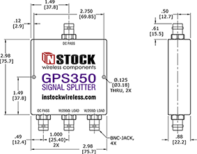 GPS Antenna Signal Splitter, 3 Way, BNC - Outline Drawing