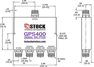 GPS Signal Splitter, 4 Way, N Type - Outline Drawing