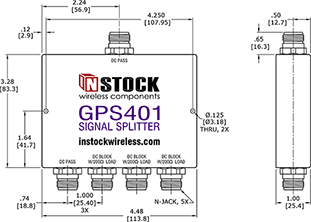 Weatherproof GPS Signal Splitter, 4 Way, N Type - Outline Drawing