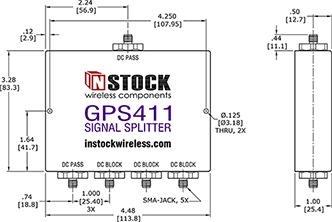 GPS Passive Splitter, SMA, 4 Way, Outline Drawing