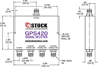 GPS Antenna Signal Splitter, 4 Way, TNC - Outline Drawing