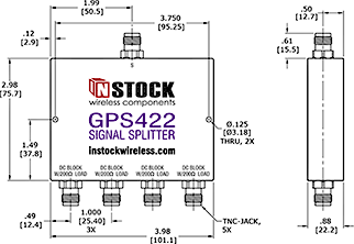 GPS Antenna Signal Splitter, 4 Way, TNC - Outline Drawing