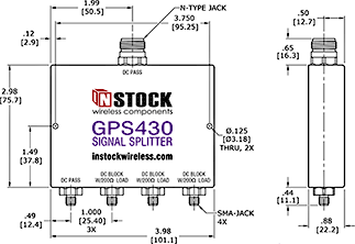 4-way GPS Antenna Signal Splitter, SMA Female with Type N Input - Outline Drawing