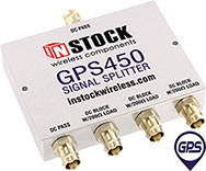 GPS450, 4-way GPS antenna signal splitter with BNC coaxial connectors spanning 1-2 GHz
