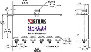 6-way GPS Antenna Signal Splitter, SMA Female with Type N Input - Outline Drawing