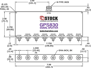 8-way GPS Antenna Signal Splitter, SMA Female with Type N Input - Outline Drawing