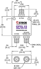 Micro-sized GPS Antenna Signal Splitter, 2 Way, SMA - Outline Drawing