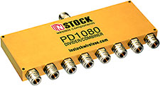 PD1080, 8-way power divider combiner with N-type coaxial connectors spanning 698-2700 MHz