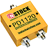 PD1120, 2-way power divider combiner with SMA coaxial connectors spanning 698-2700 MHz