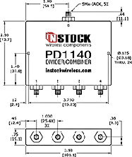 RF Power Divider Combiner, 4 Way SMA - Outline Drawing