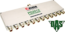 PD2012, RoHS 12-way power divider combiner with N-type coaxial connectors spanning 698-2700 MHz
