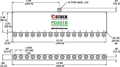 16-Way, RoHS, N-Jack Power Splitter Combiner Outline Drawing