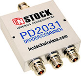 PD2031, IP67 outdoor weatherproof 3-way power divider combiner with N-type coaxial connectors spanning 698-2700 MHz