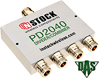 PD2040, RoHS 4-way power divider combiner with N-type coaxial connectors spanning 698-2700 MHz