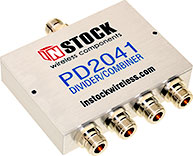 PD2041, IP67 outdoor weatherproof 4-way power divider combiner with N-type coaxial connectors spanning 698-2700 MHz