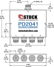 Outdoor, Weatherproof, IP67 Rated RF Splitter Combiner, 4 Way, N Type - Outline Drawing