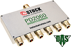 PD2060, RoHS 6-way power divider combiner with N-type coaxial connectors spanning 698-2700 MHz