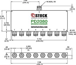 8-Way, RoHS, N-Jack Power Splitter Combiner Outline Drawing