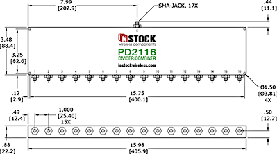 16-Way, RoHS, SMA-Jack Power Divider Combiner Outline Drawing