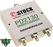 PD2130, RoHS 3-way power divider combiner with SMA coaxial connectors spanning 698-2700 MHz