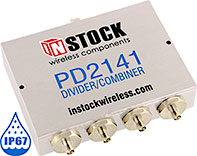 PD2141, IP67 outdoor weatherproof 4-way power divider combiner with SMA coaxial connectors spanning 698-2700 MHz