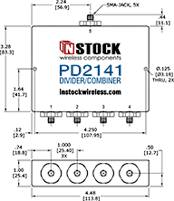 Outdoor, Weatherproof, IP67 Rated RF Splitter Combiner, 4 Way, SMA - Outline Drawing