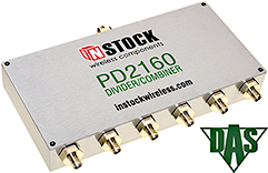 PD2160, RoHS 6-way power divider combiner with SMA coaxial connectors spanning 698-2700 MHz