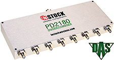 PD2180, RoHS 8-way power divider combiner with SMA coaxial connectors spanning 698-2700 MHz