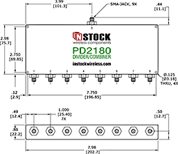 8-Way, RoHS, SMA-Jack Power Divider Combiner Outline Drawing