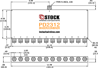 UHF/RFID/TETRA Power Divider Combiner, 12-Way, N-Type Outline Drawing