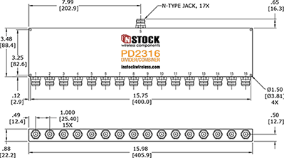 UHF/RFID/TETRA Power Divider Combiner, 16-Way, N-Type Outline Drawing