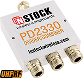 PD2330, UHF/RFID 3-way power divider combiner with Type N coaxial connectors spanning 350-1000 MHz