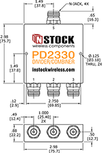 UHF/RFID/TETRA Power Divider Combiner, 3-Way, N-Type Outline Drawing