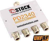PD2340, UHF/RFID 4-way power divider combiner with Type N coaxial connectors spanning 350-1000 MHz