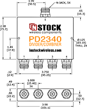 UHF/RFID/TETRA Power Divider Combiner, 4-Way, N-Type Outline Drawing